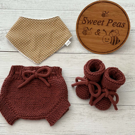 Hand Knitted Nappy Cover, Booties & Bib