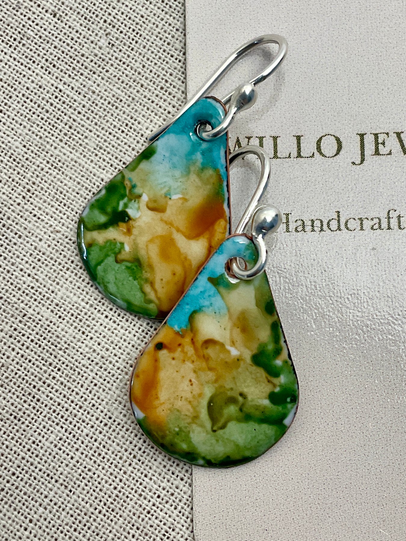 Teardrop enamel earrings. Marble effect. Hand painted.