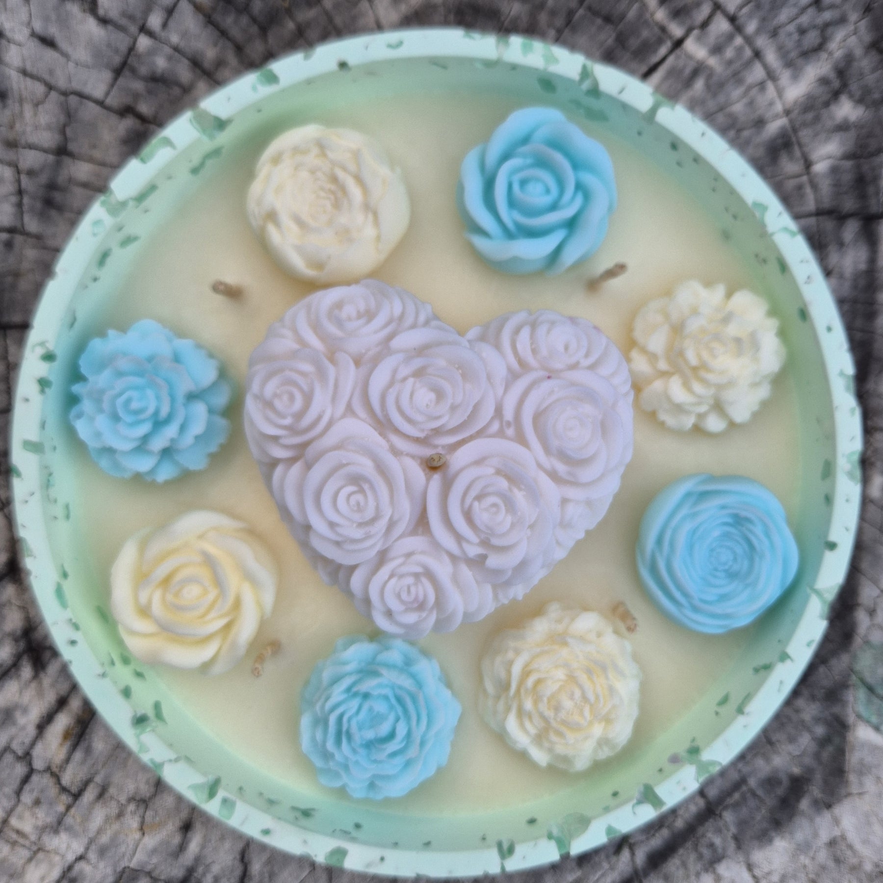 Large soy wax concrete bowl candle with white floral heart and roses