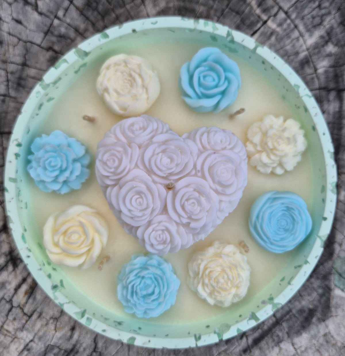 Large soy wax concrete bowl candle with white floral heart and roses