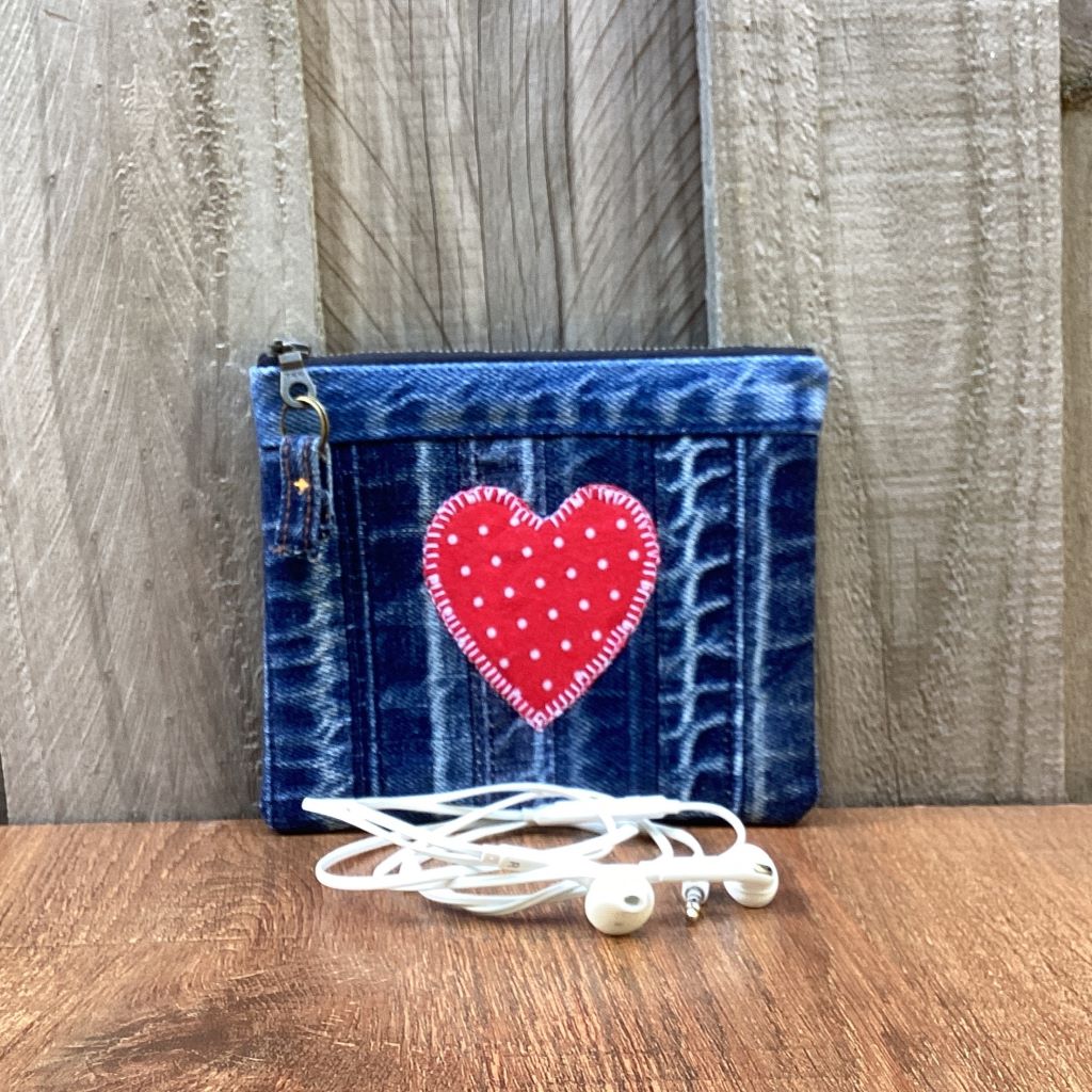 Upcycled Denim Cuff Coin Purse – Red Polka Dot Heart