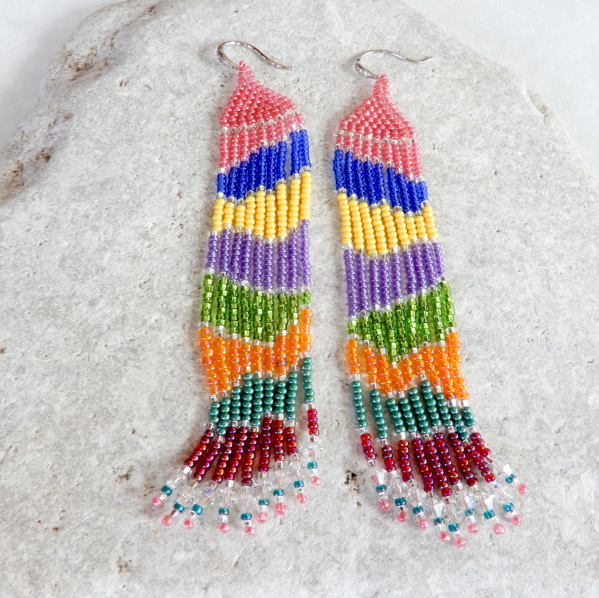 Pink Wave Beaded Fringe Earrings