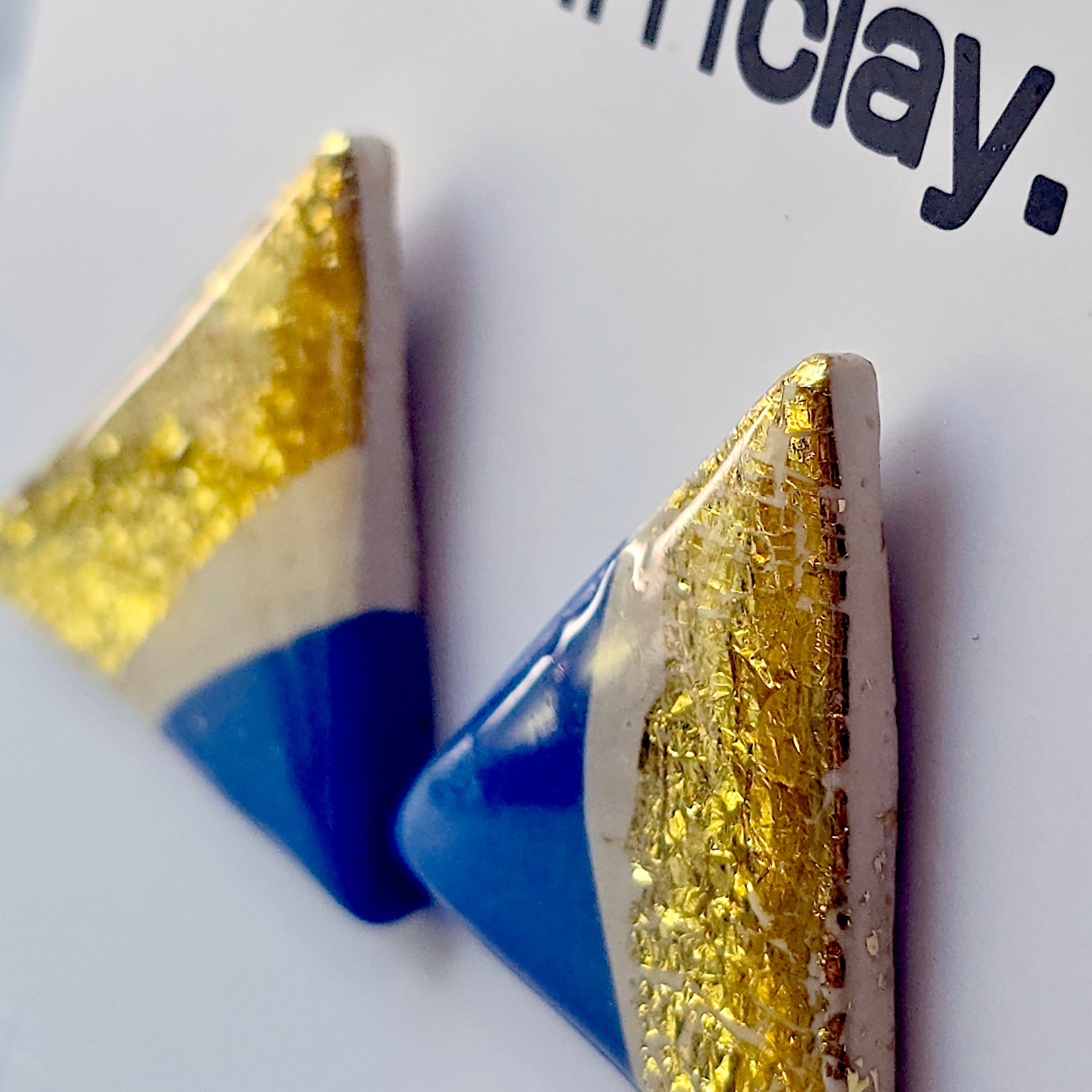 Bright Blue Gold Triangle Handmade Polymer Clay Studs