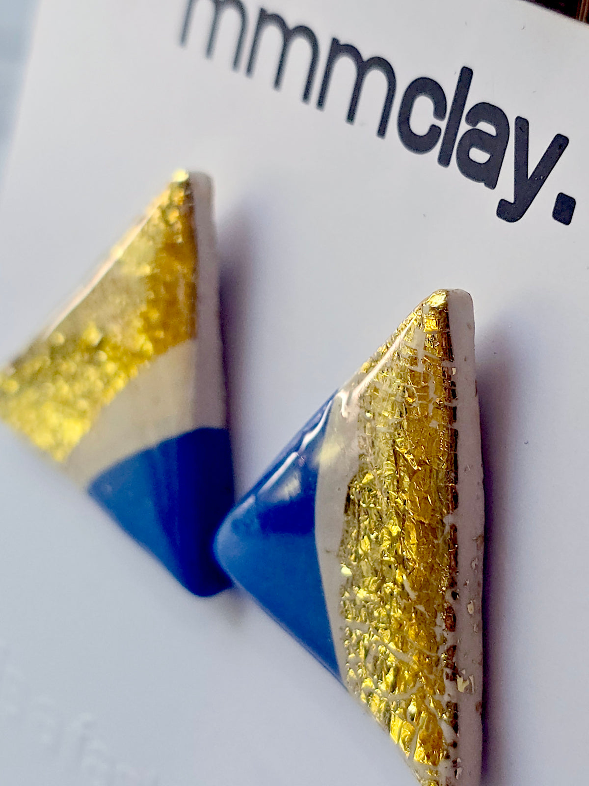 Bright Blue Gold Triangle Handmade Polymer Clay Studs