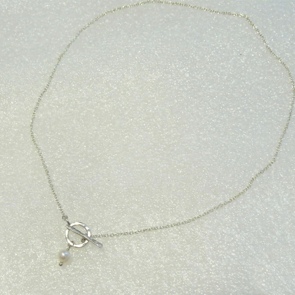 925 Silver Toggle Necklace AAA Grade White Akoya Pearl, Naturally Cultivated. Toggle necklace. Sterling Toggle and Bar clasp