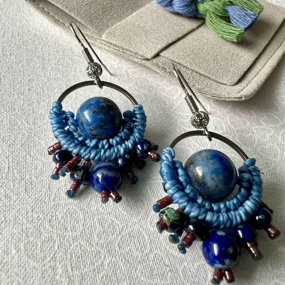 Blue Planet Micro Macrame Earrings - Lapiz Lazuli & Miyuki +Free Microfibre Pouch