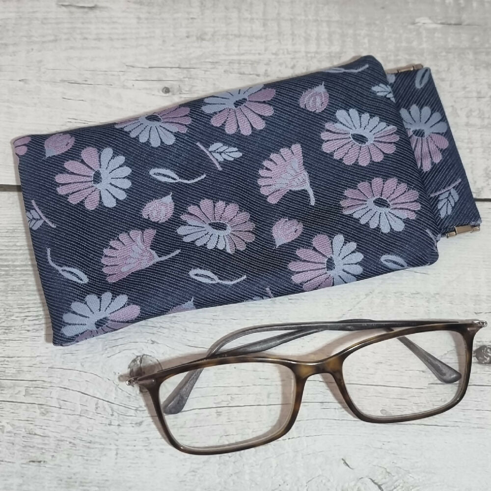 Flex frame glasses pouch, upcycled tie - blue floral