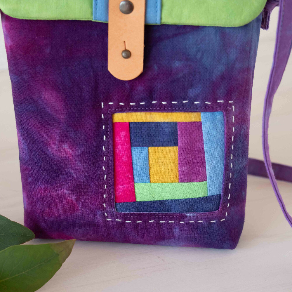 Ice Dyed Small Messenger/Cross Body Bag. Purple/Green
