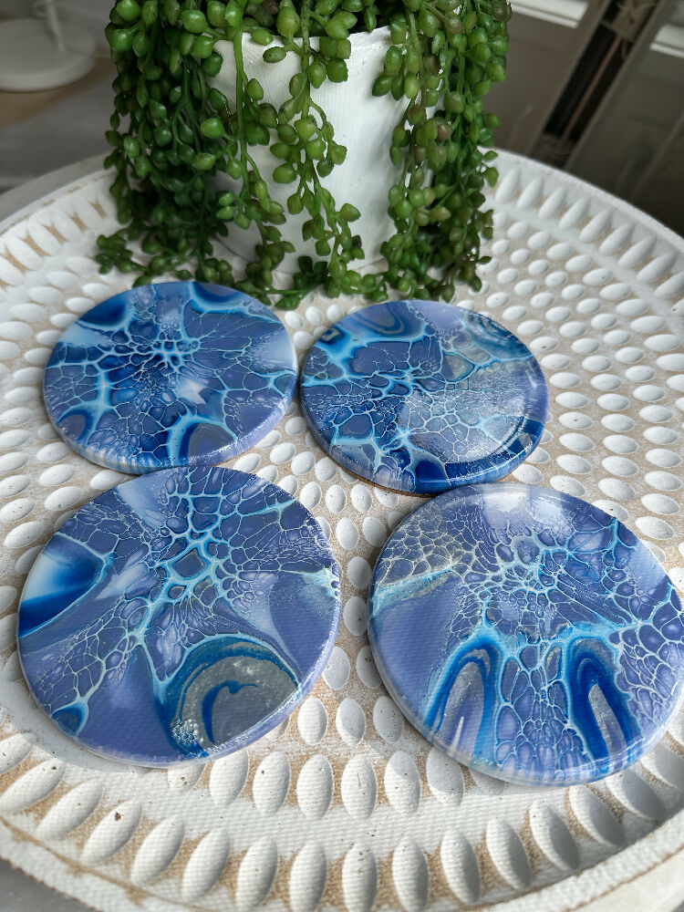 Dusty Denim Blues Resin-coated Coasters - Set of 4