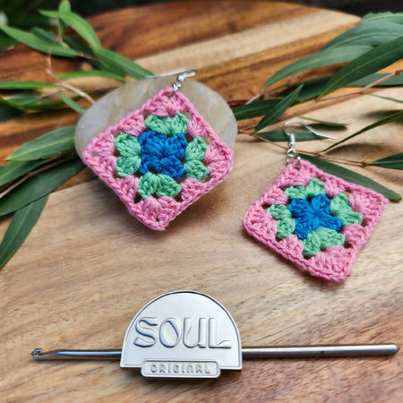 Crochet Earrings - Granny Square - Mint & Rose