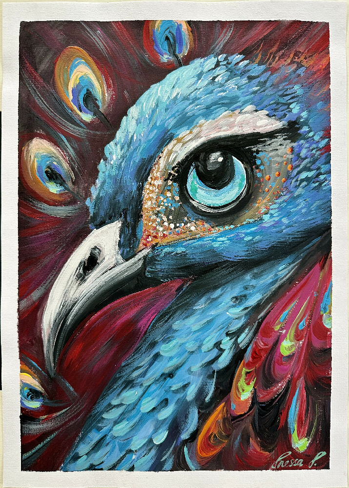 Vivian the peacock, acrylic on paper 30x42cm, signed