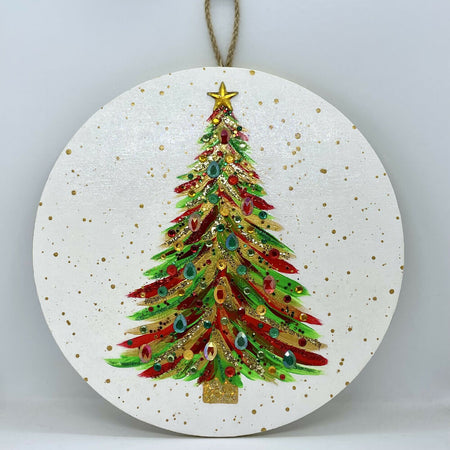 Gold, red & green Christmas tree painting with glitter & rhinestones