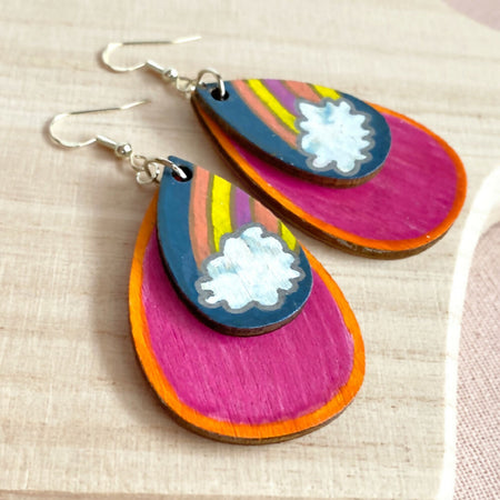 Rainbow on cloud hand painted wood dangle earrings