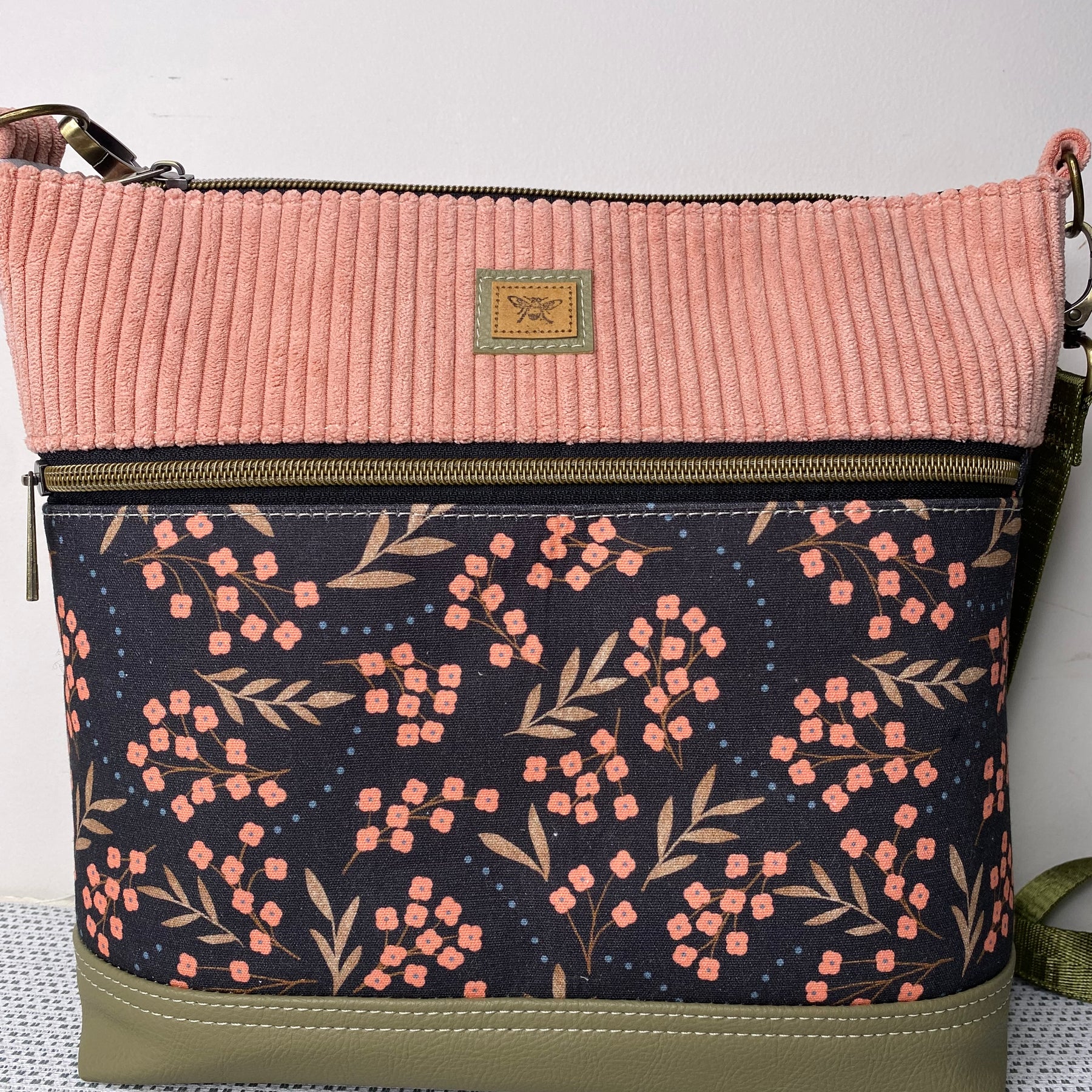 Lola Crossbody Bag - Pink Forget-Me-Not & Pink Corduroy Fabric with Olive Green Faux Leather Base