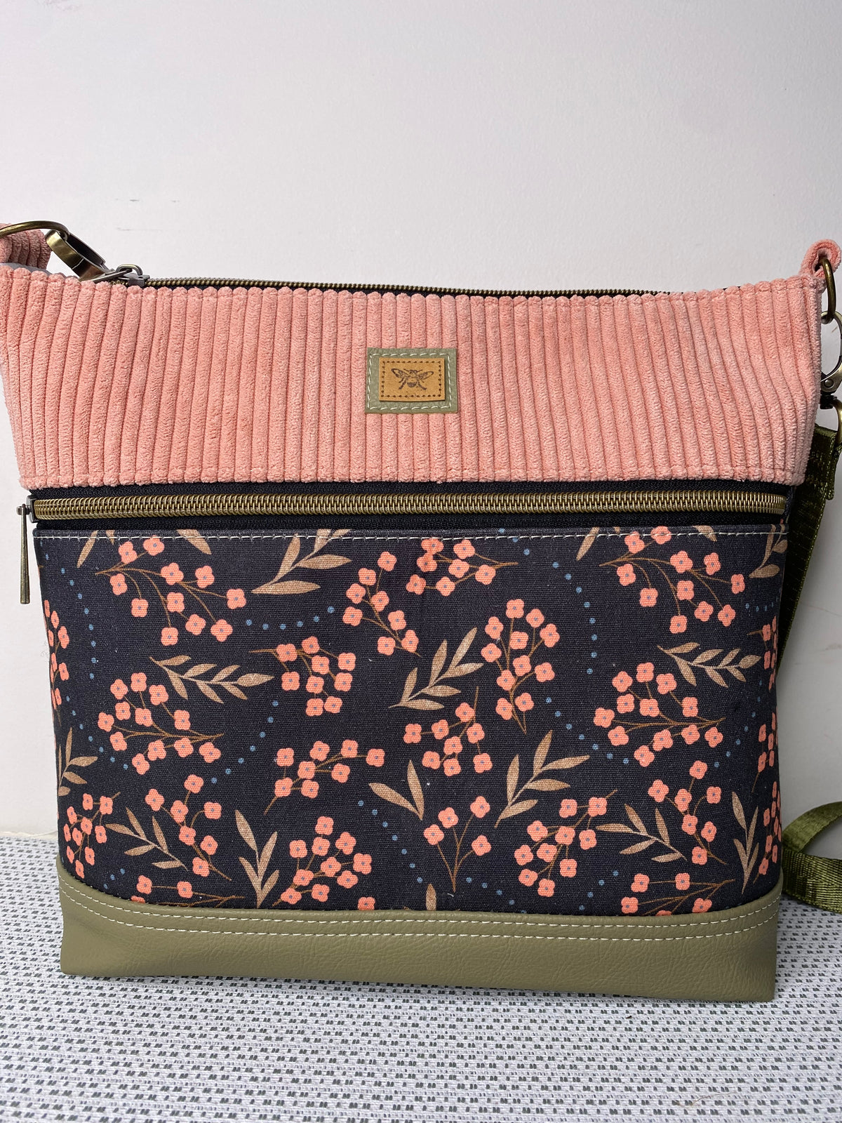 Lola Crossbody Bag - Pink Forget-Me-Not & Pink Corduroy Fabric with Olive Green Faux Leather Base