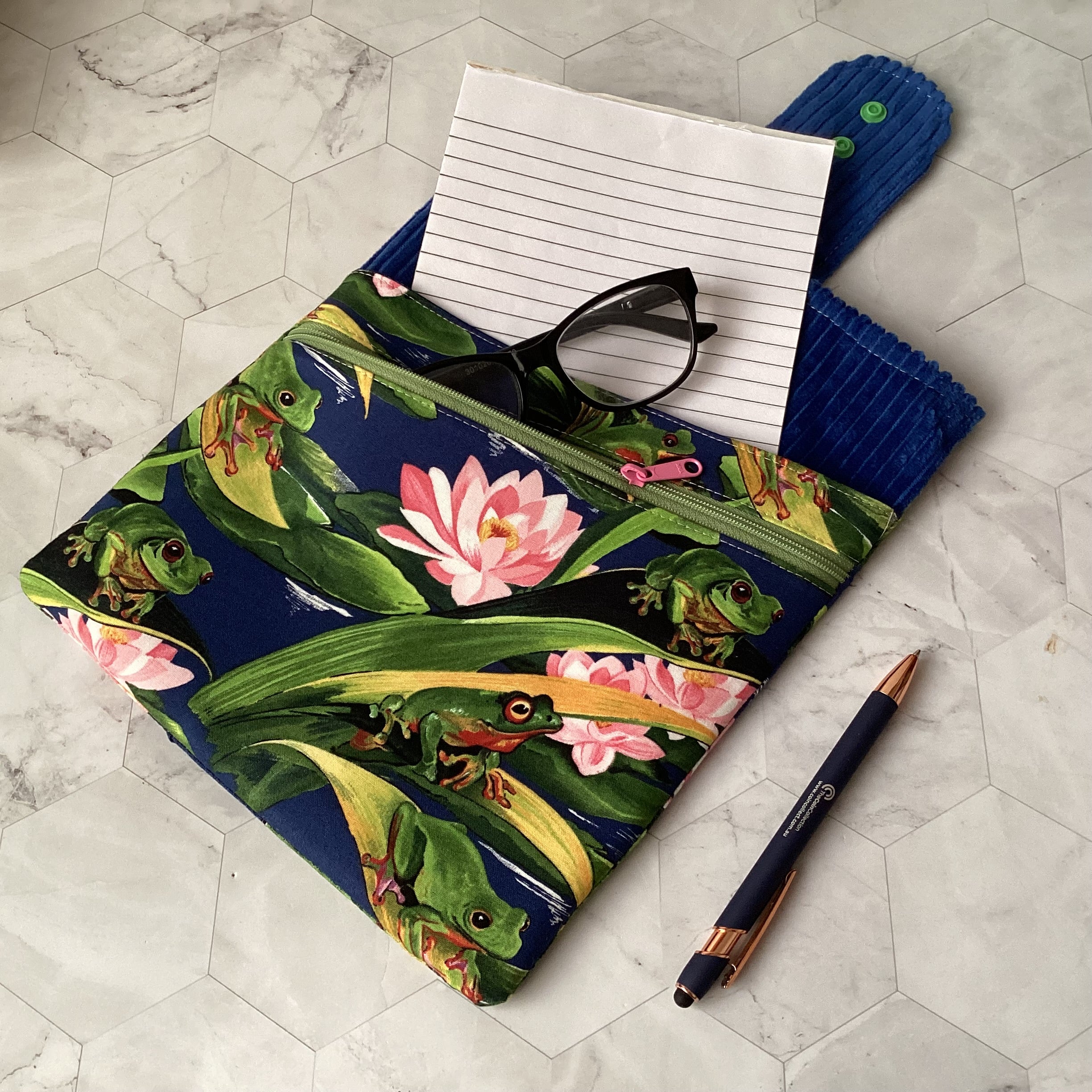 Frogs fabric book sleeve with 2 pockets. iPad, tablet pouch