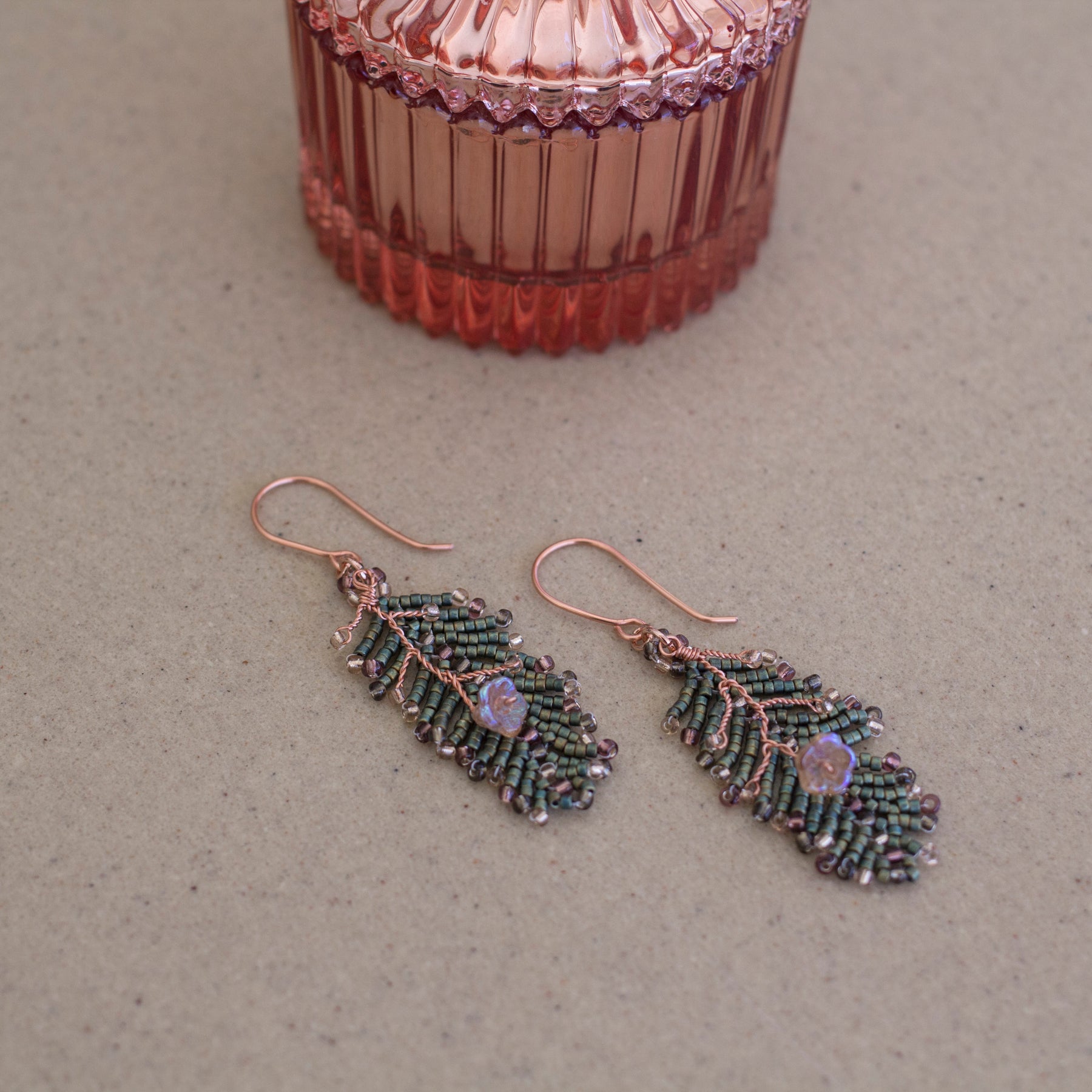 Beaded Leaf and Flower Earrings | Copper Jewellery