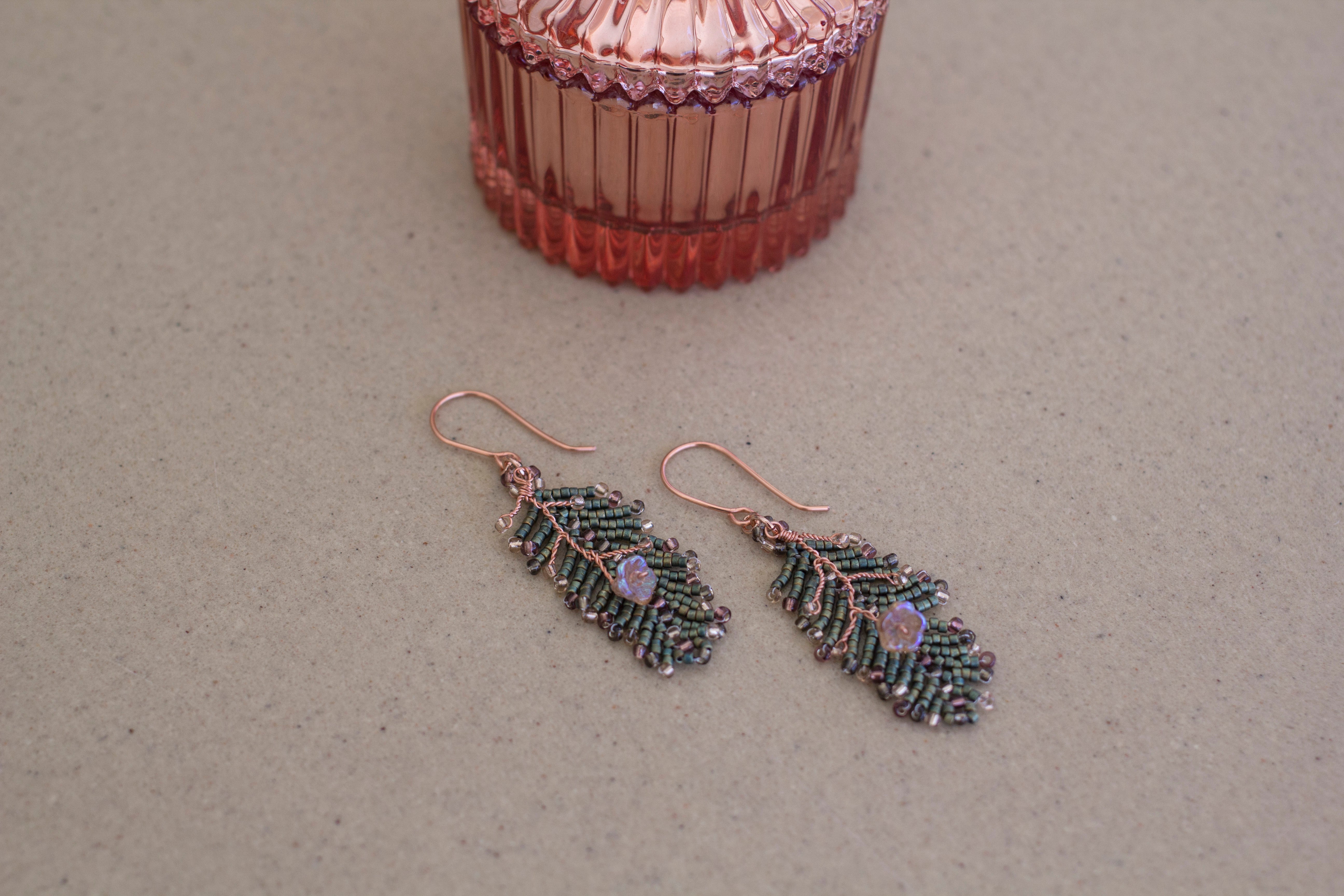 Beaded Leaf and Flower Earrings | Copper Jewellery