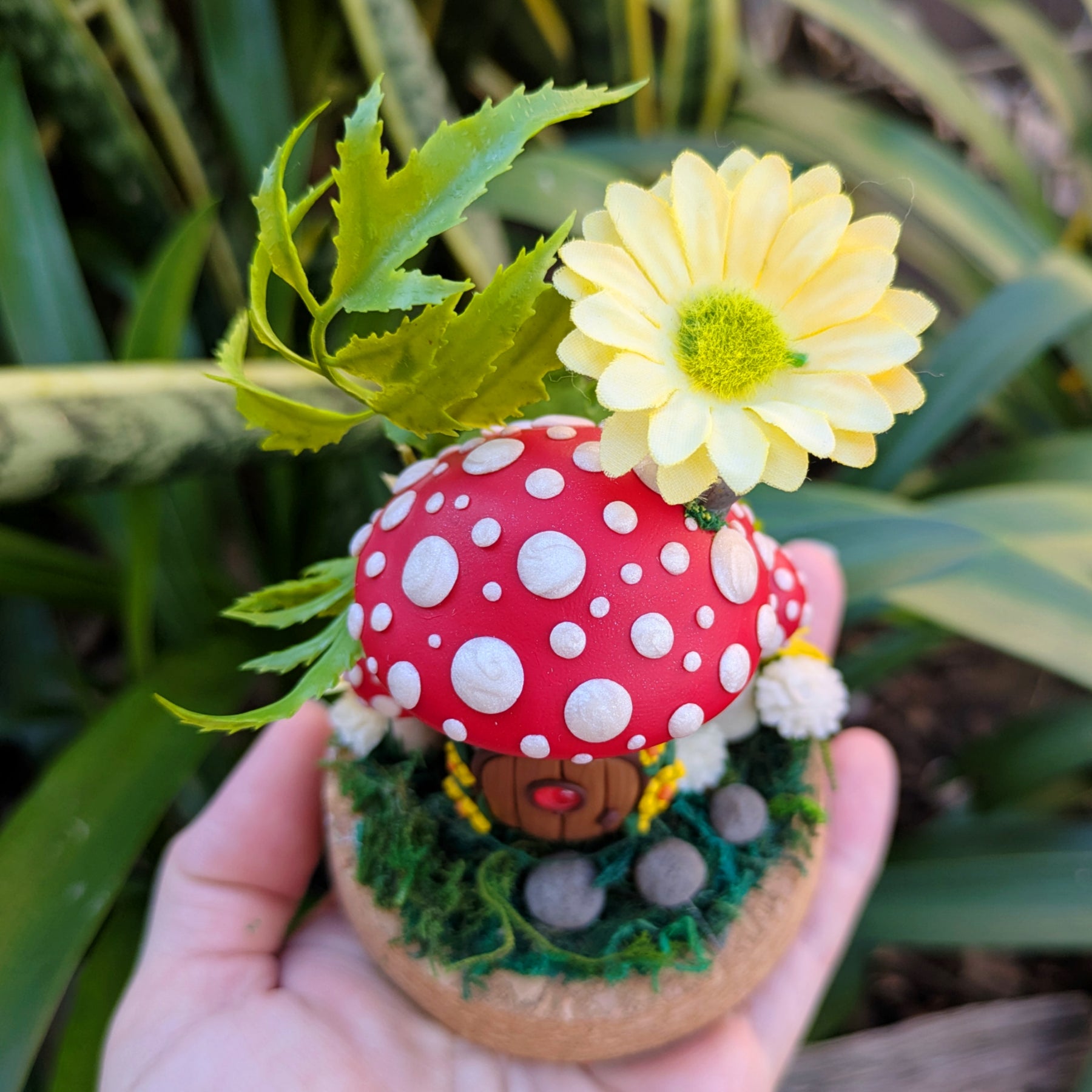 Enchanted Red Fairy Mushroom House in glass dome