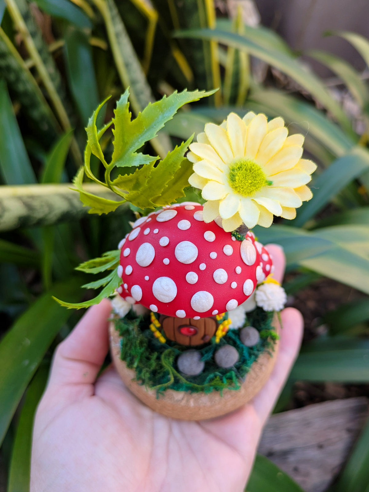 Enchanted Red Fairy Mushroom House in glass dome