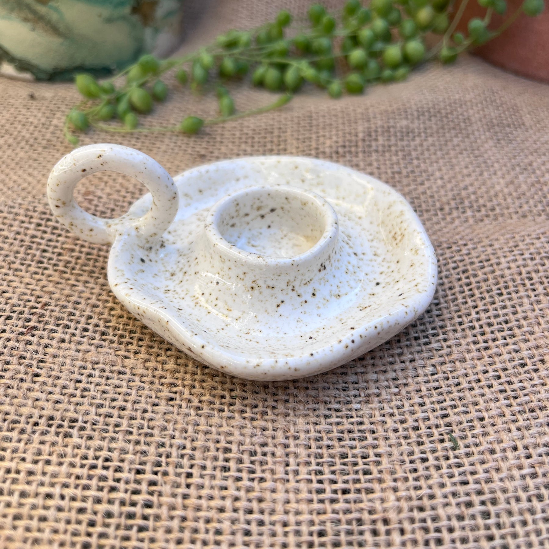 Petite Ceramic candlestick holder with Beeswax candle.