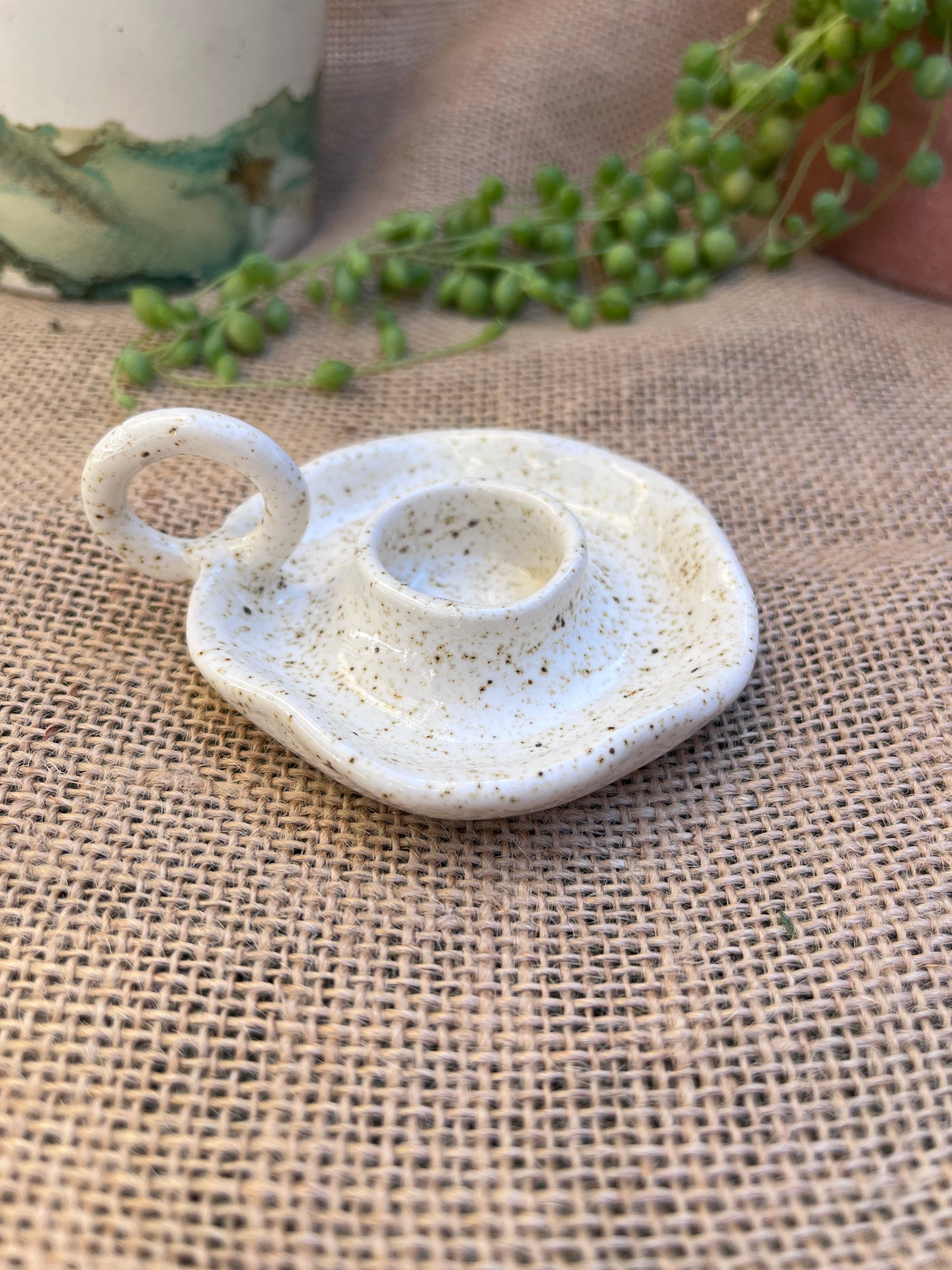Petite Ceramic candlestick holder with Beeswax candle.