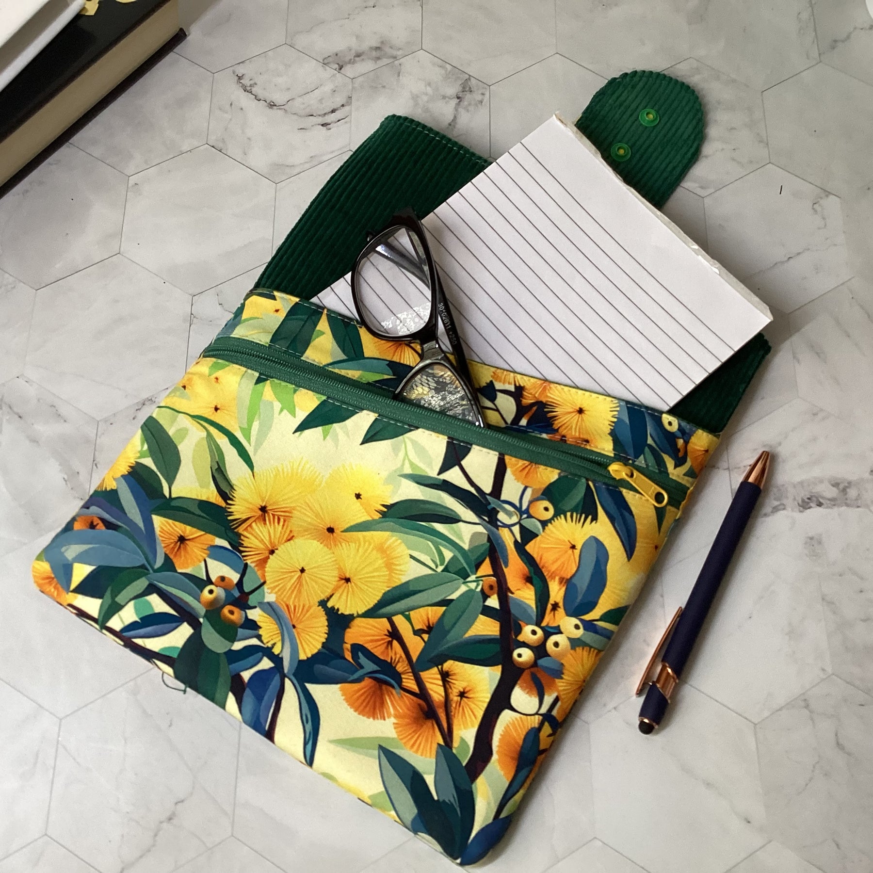 Australian Wattle fabric book sleeve with 2 pockets. iPad, tablet pouch