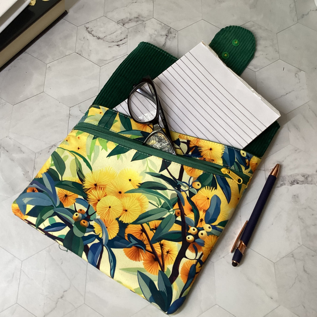 Australian Wattle fabric book sleeve with 2 pockets. iPad, tablet pouch