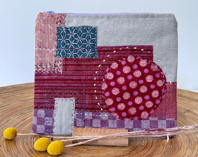 Zipper Pouch - Textile Collage - Pink Sashiko