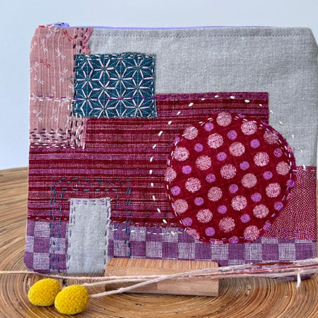 Zipper Pouch - Textile Collage - Pink Sashiko