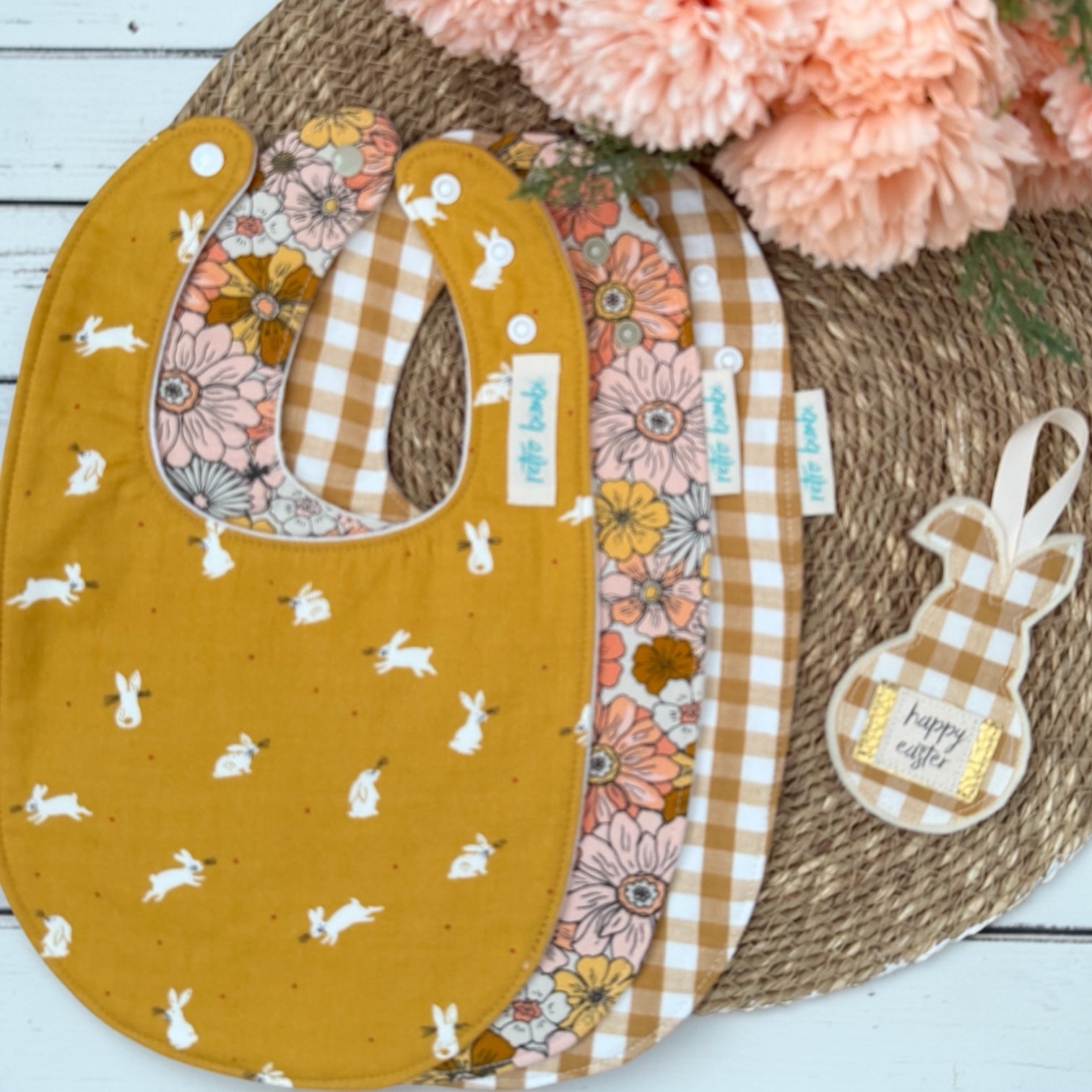 3 Bibs - Retro Floral - Mustard Bunny - Check - Easter