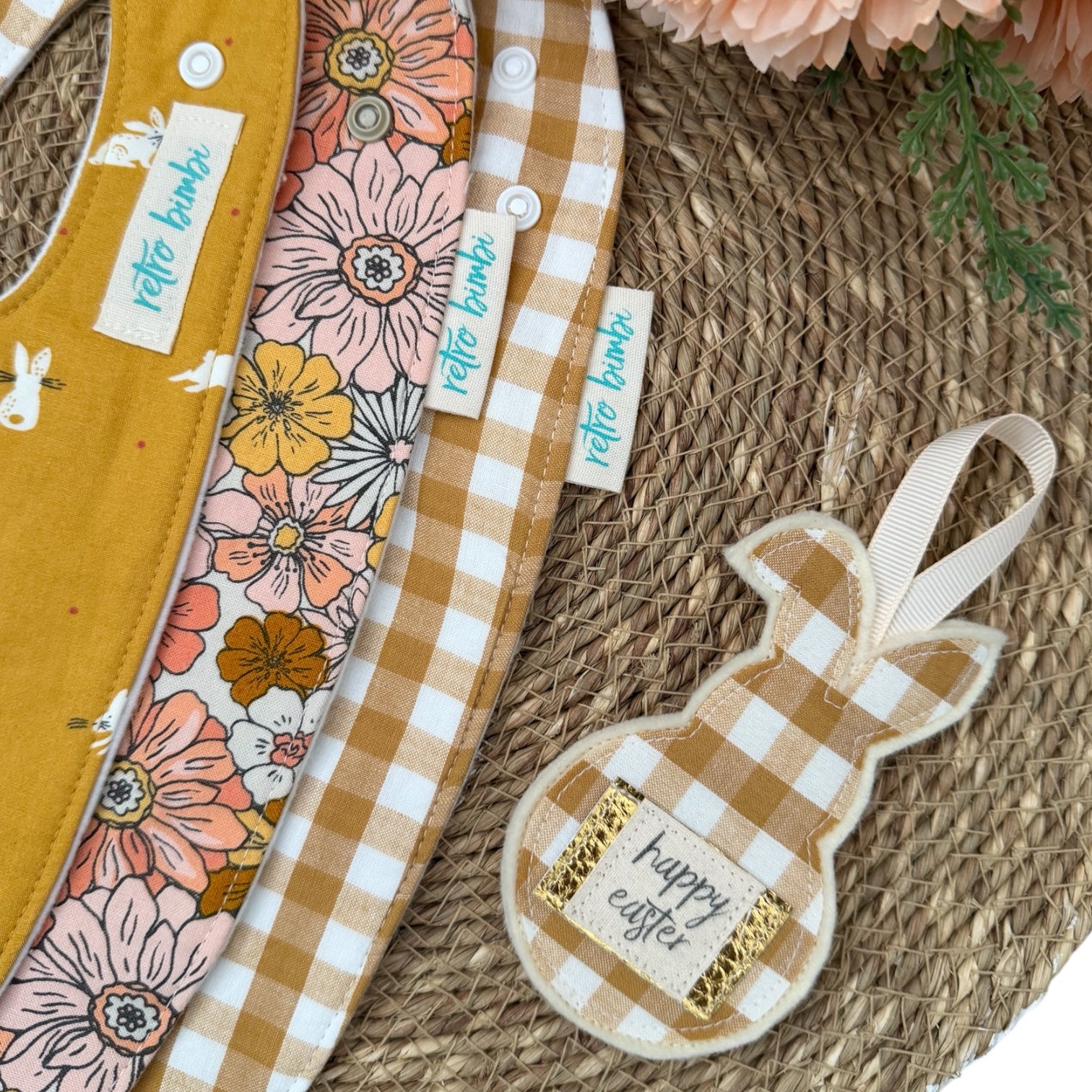 3 Bibs - Retro Floral - Mustard Bunny - Check - Easter