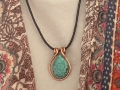 Copper and Stabilised Turquoise Pendant with Adjustable cord