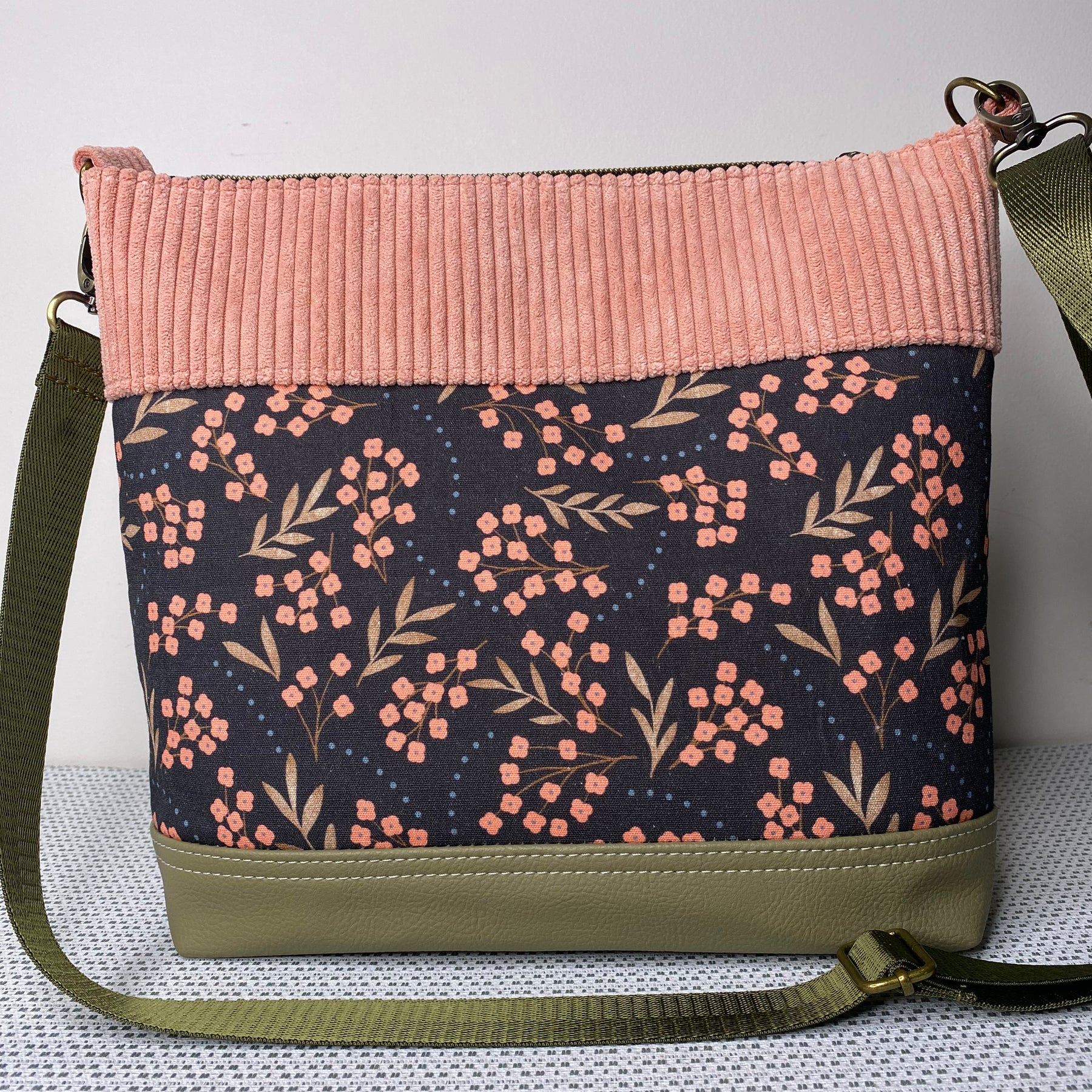 Lola Crossbody Bag - Pink Forget-Me-Not & Pink Corduroy Fabric with Olive Green Faux Leather Base