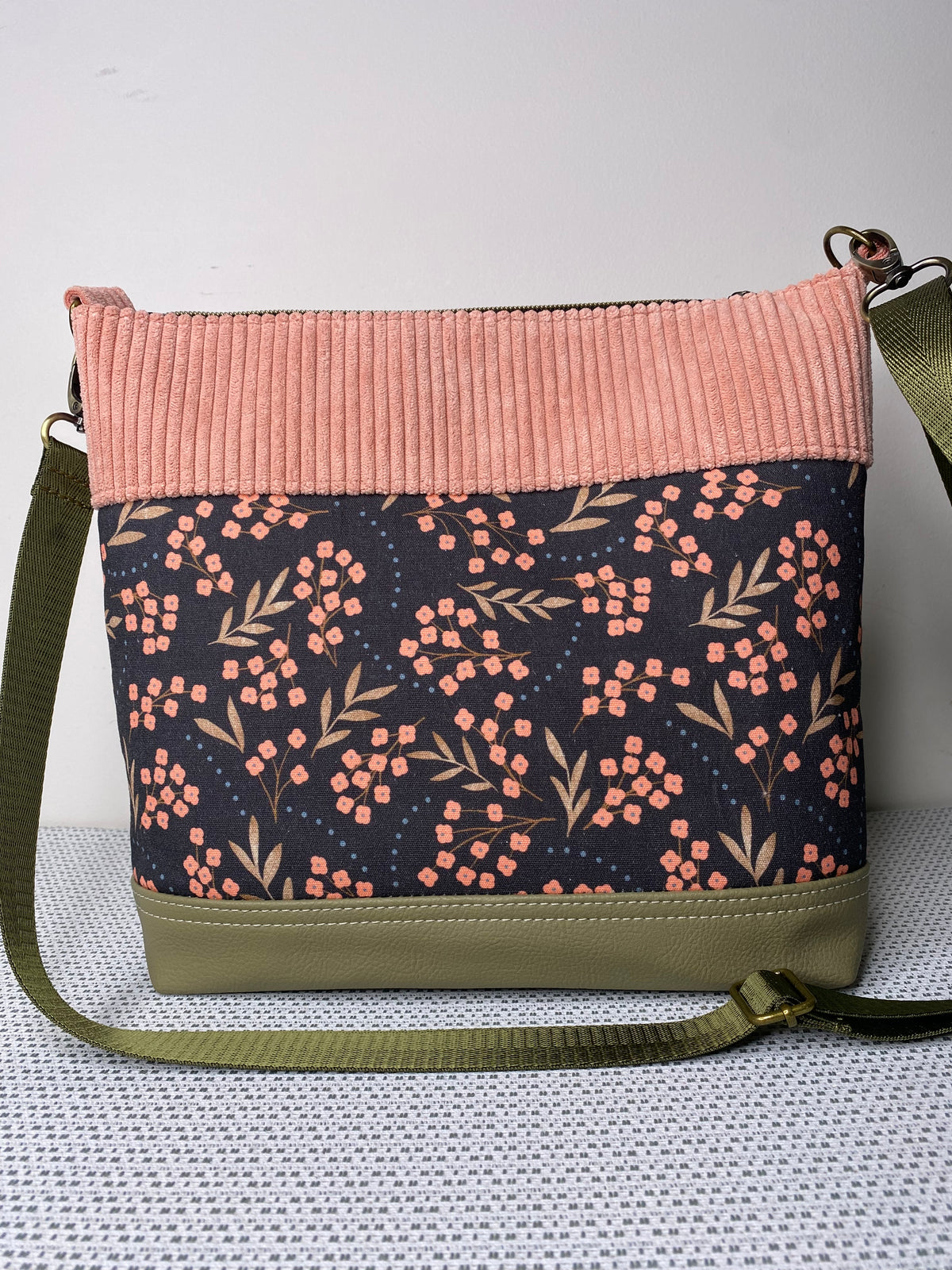 Lola Crossbody Bag - Pink Forget-Me-Not & Pink Corduroy Fabric with Olive Green Faux Leather Base