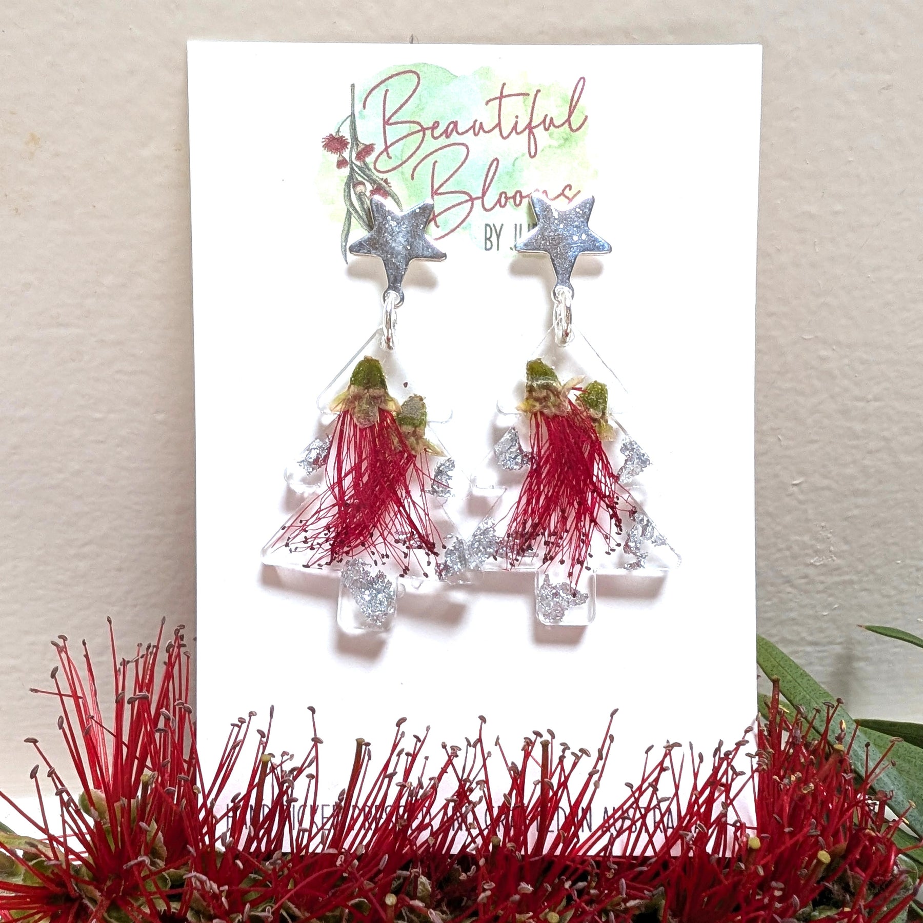 Real Bottle Brush flower Christmas Earrings Star Studs