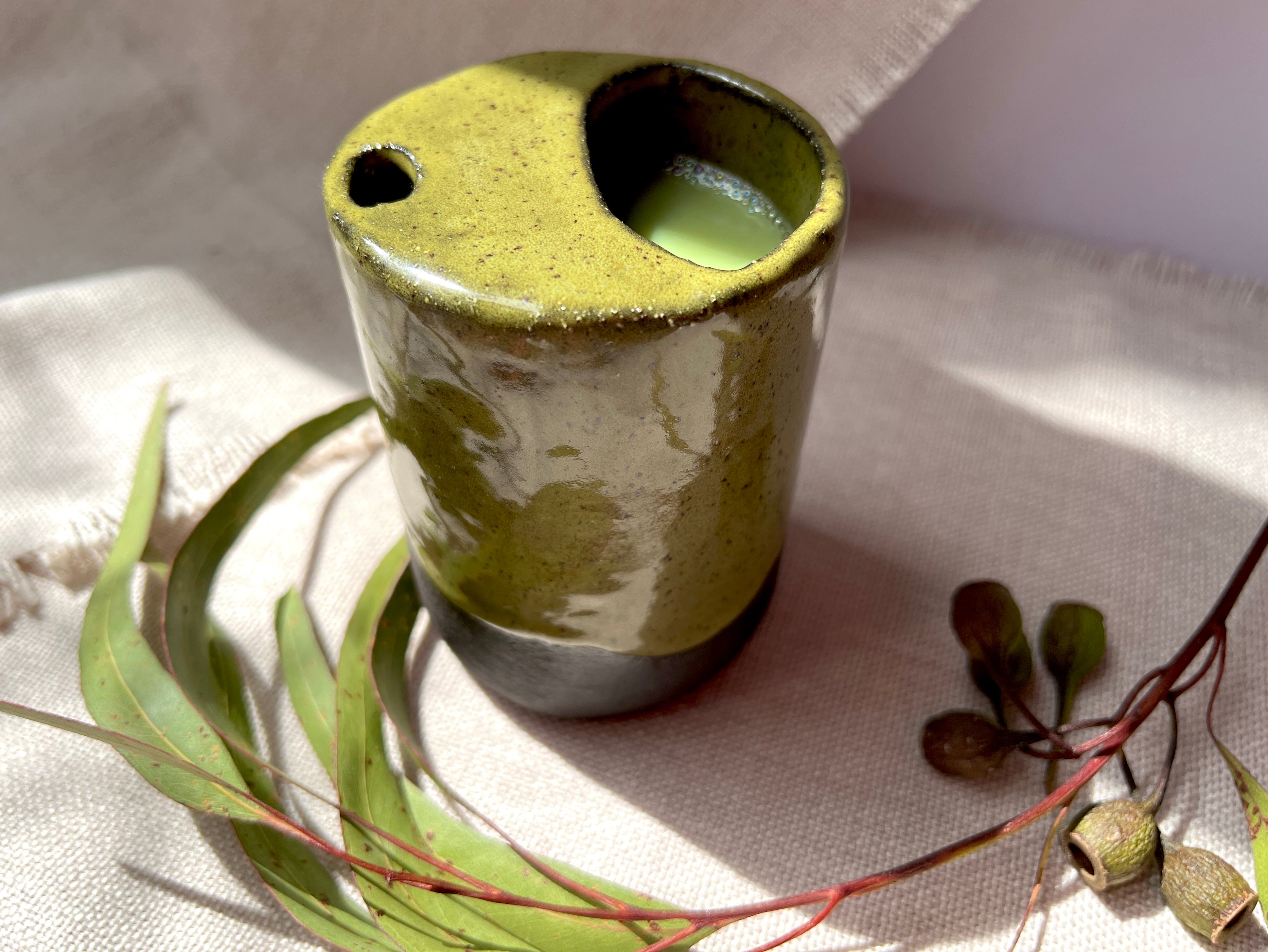 Handmade Ceramic Travel Mug – Matcha Green Collection, Stoneware Iced Coffee Sippy Cup, Earthy Pottery