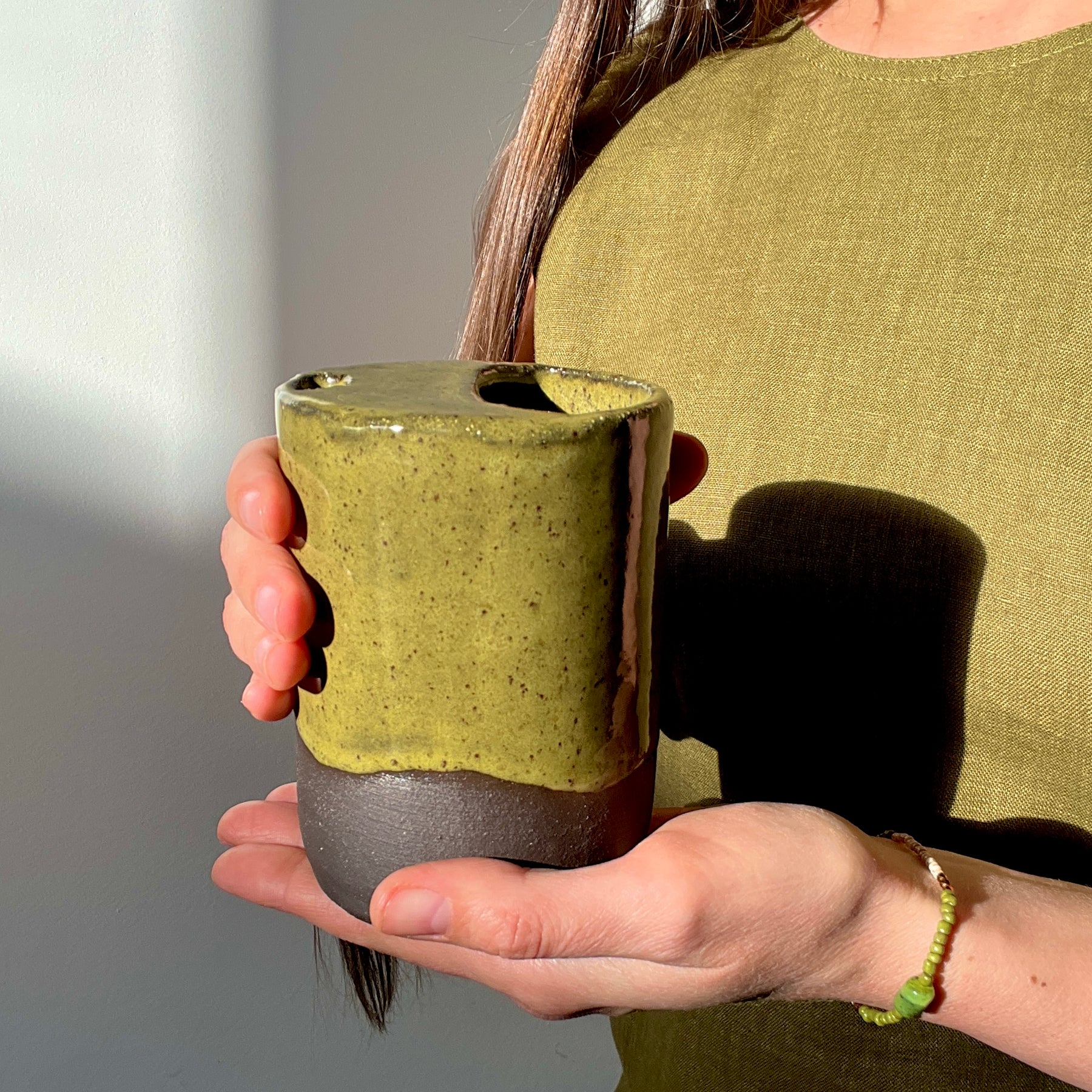 Handmade Ceramic Travel Mug – Matcha Green Collection, Stoneware Iced Coffee Sippy Cup, Earthy Pottery