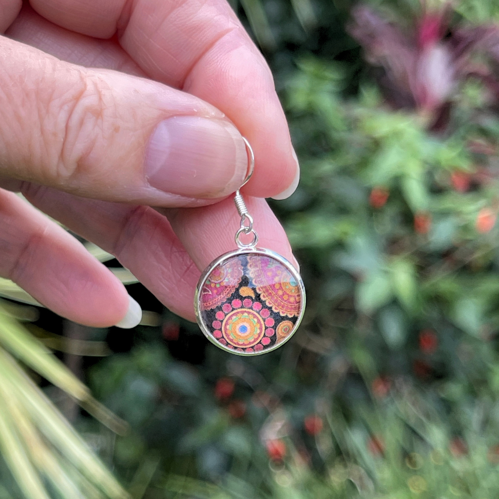 Earthy Tone Earrings - Dark Reds and Brown Terracotta Spiral Mandala Pattern