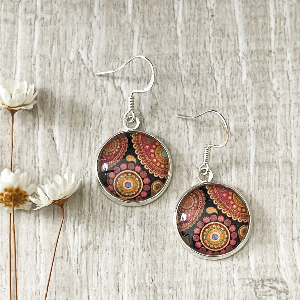Earthy Tone Earrings - Dark Reds and Brown Terracotta Spiral Mandala Pattern