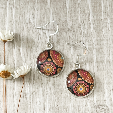 Earthy Tone Earrings - Dark Reds and Brown Terracotta Spiral Mandala Pattern