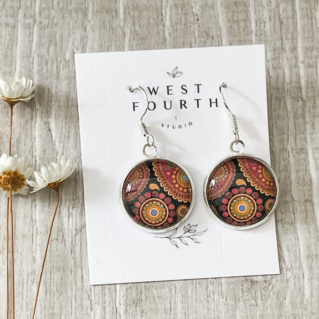 Earthy Tone Earrings - Dark Reds and Brown Terracotta Spiral Mandala Pattern
