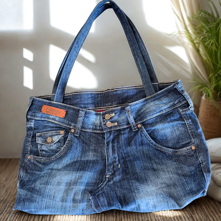 Denim Handbag with Red Lining