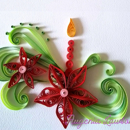 Christmas Paper Quilled card with swirls and red flowers