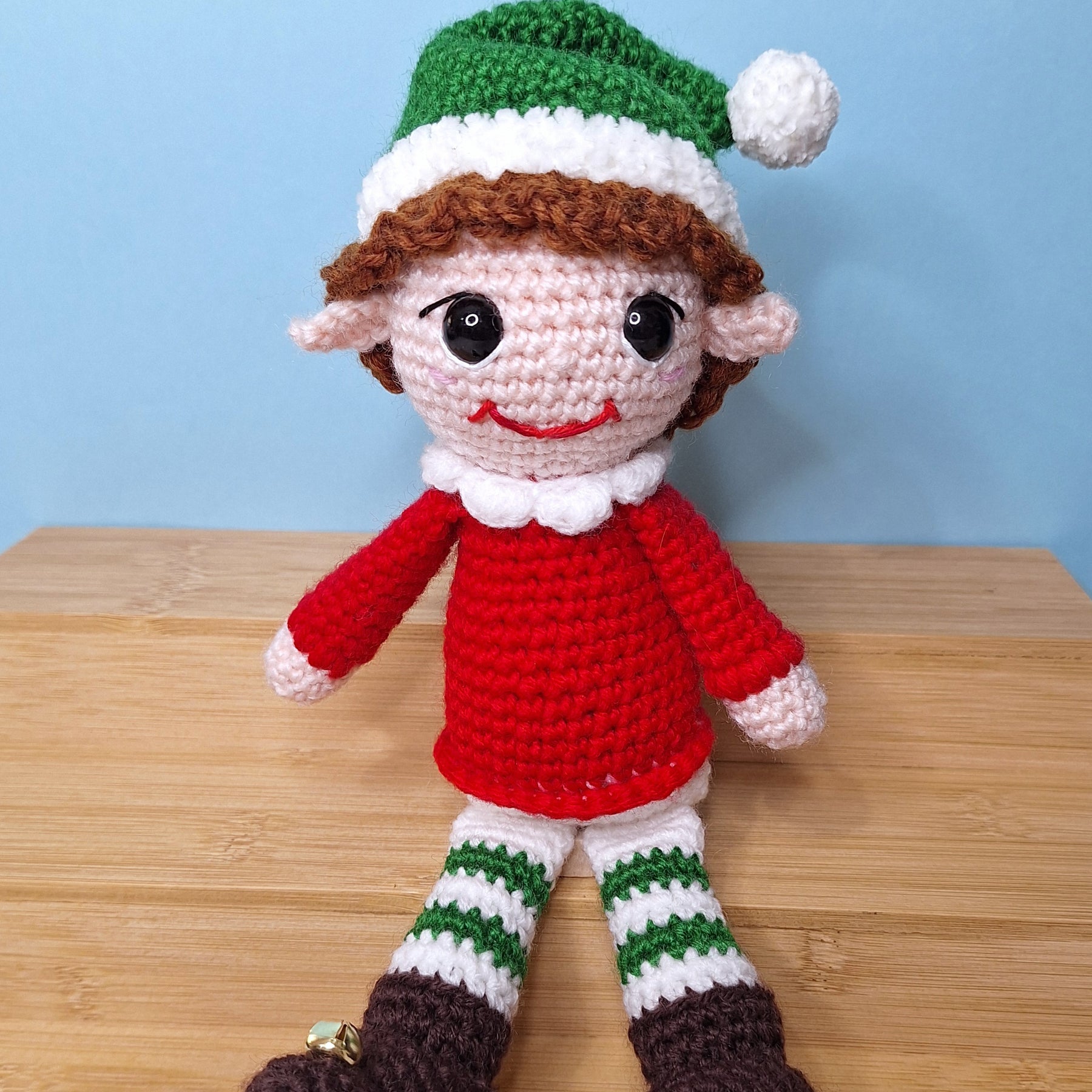 Crocheted Christmas Elf- designed to sit on a shelf