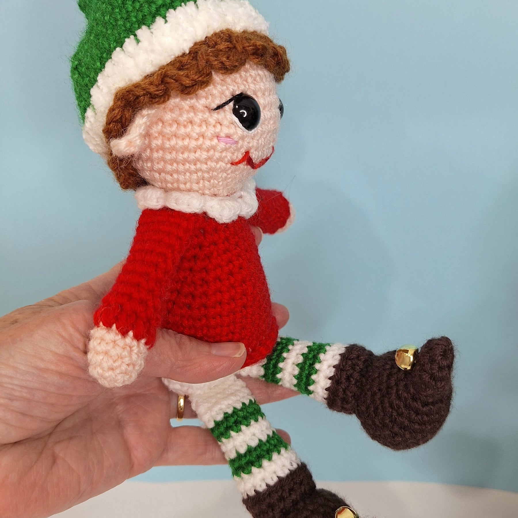 Crocheted Christmas Elf- designed to sit on a shelf