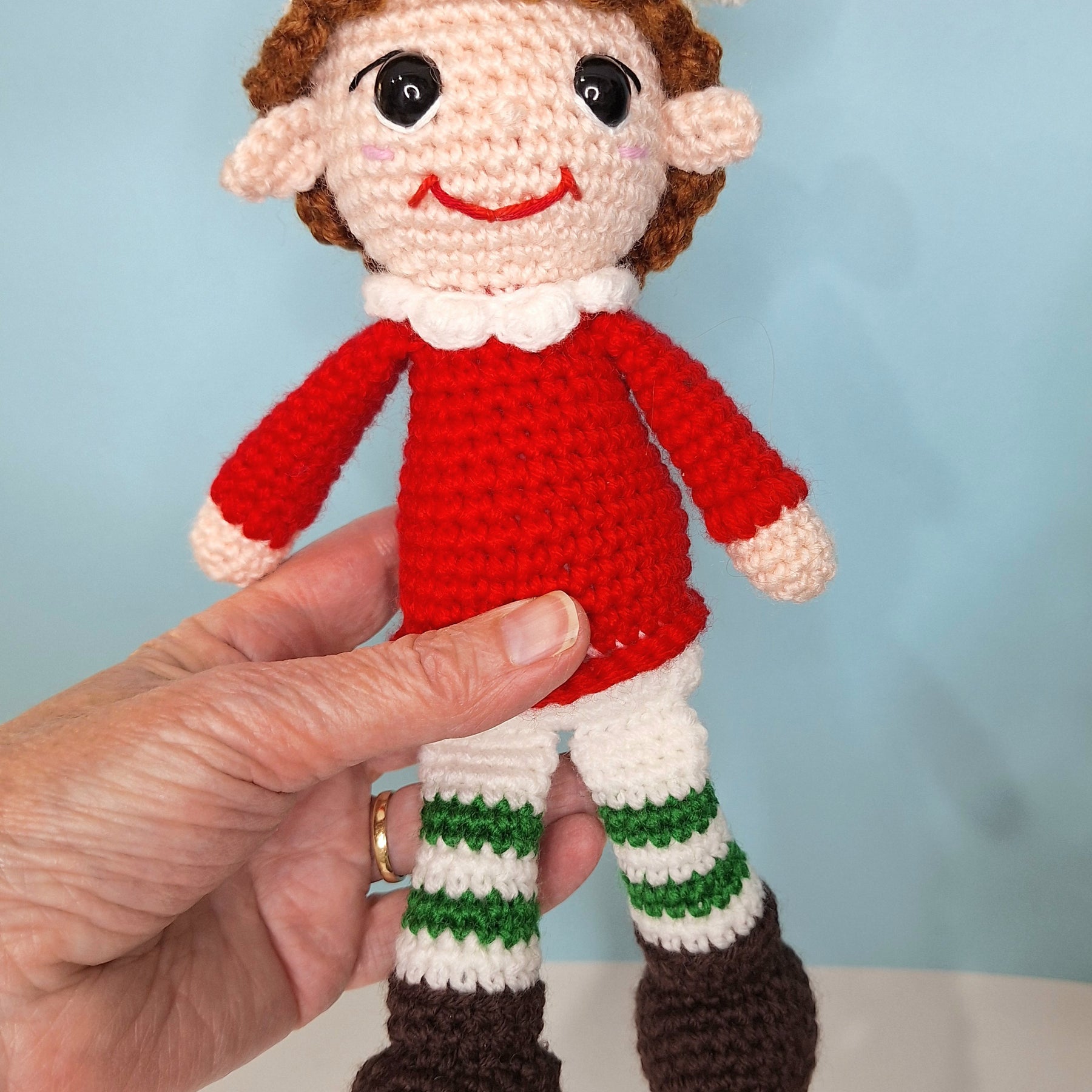Crocheted Christmas Elf- designed to sit on a shelf