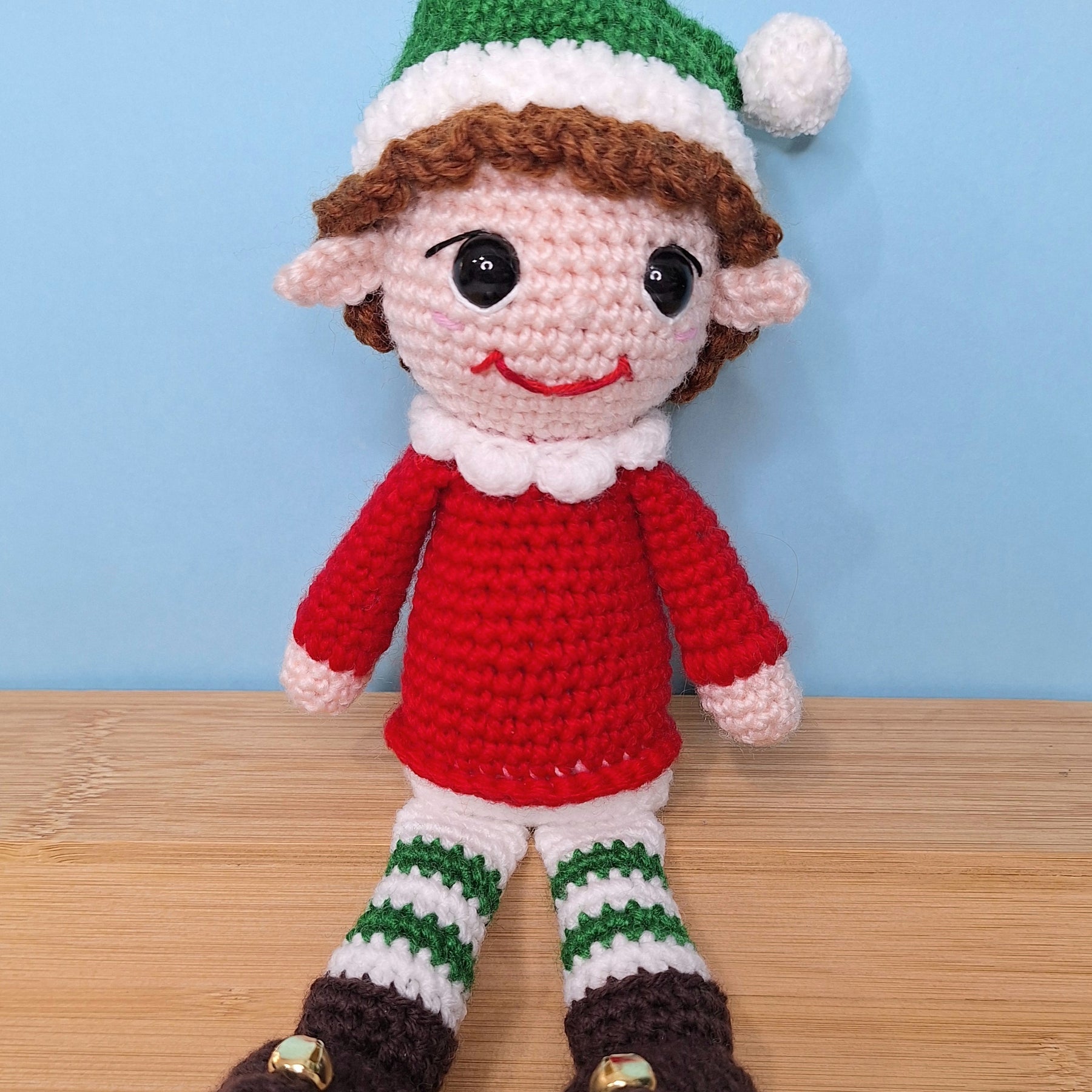 Crocheted Christmas Elf- designed to sit on a shelf