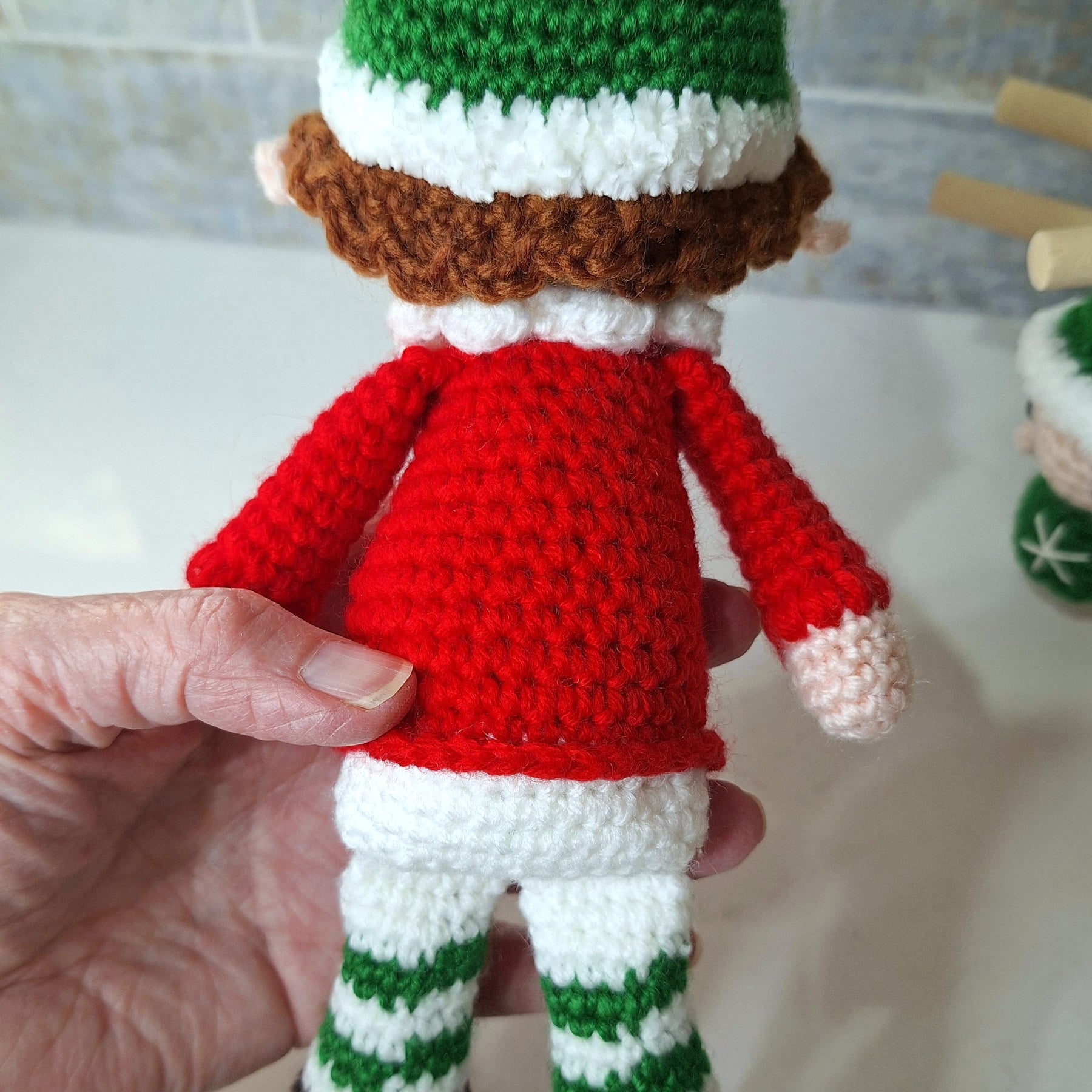 Crocheted Christmas Elf- designed to sit on a shelf