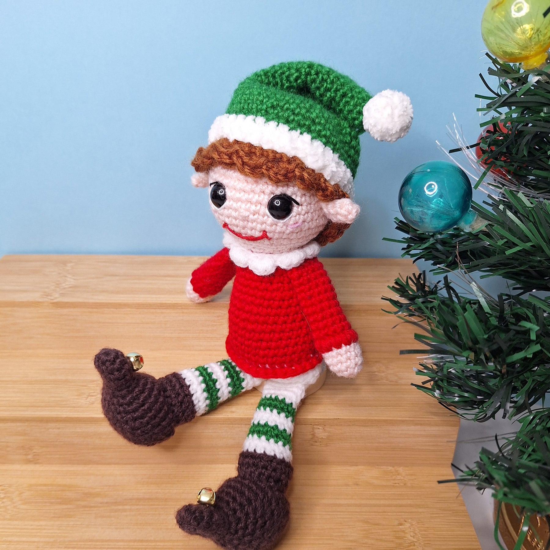 Crocheted Christmas Elf- designed to sit on a shelf